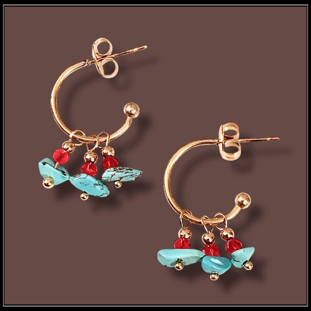 Clearance! New Gold Boho Simulated Turquoise and Garnet Bead Stone Hoop Earrings